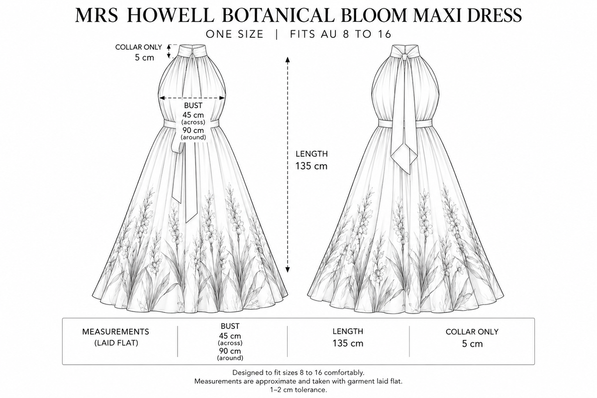 Mrs Howell Botanical Bloom Maxi Dress Size Guide