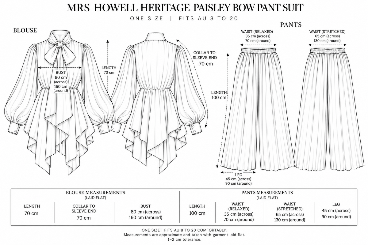 Mrs Howell Heritage Paisley Bow Pant Suit Size Guide