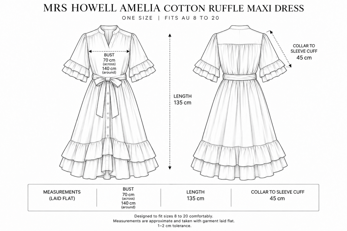 Mrs Howell Amelia Cotton Ruffle Maxi Dress Size Guide