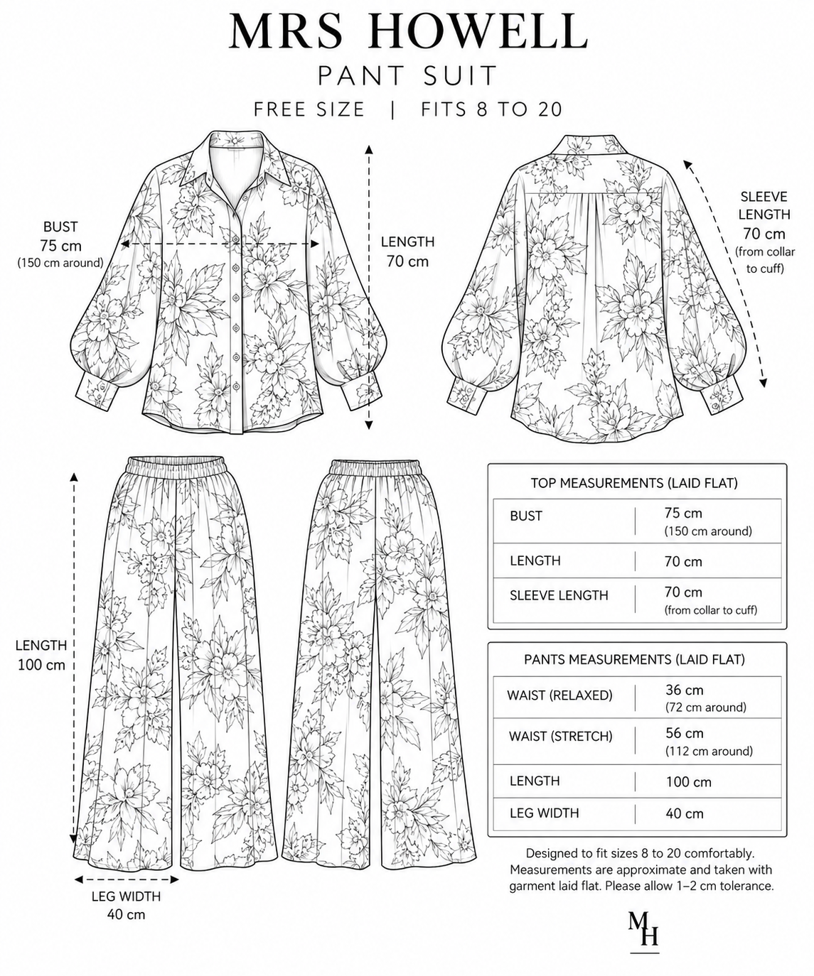 Mrs Howell Giardino Pant Suit Size Guide