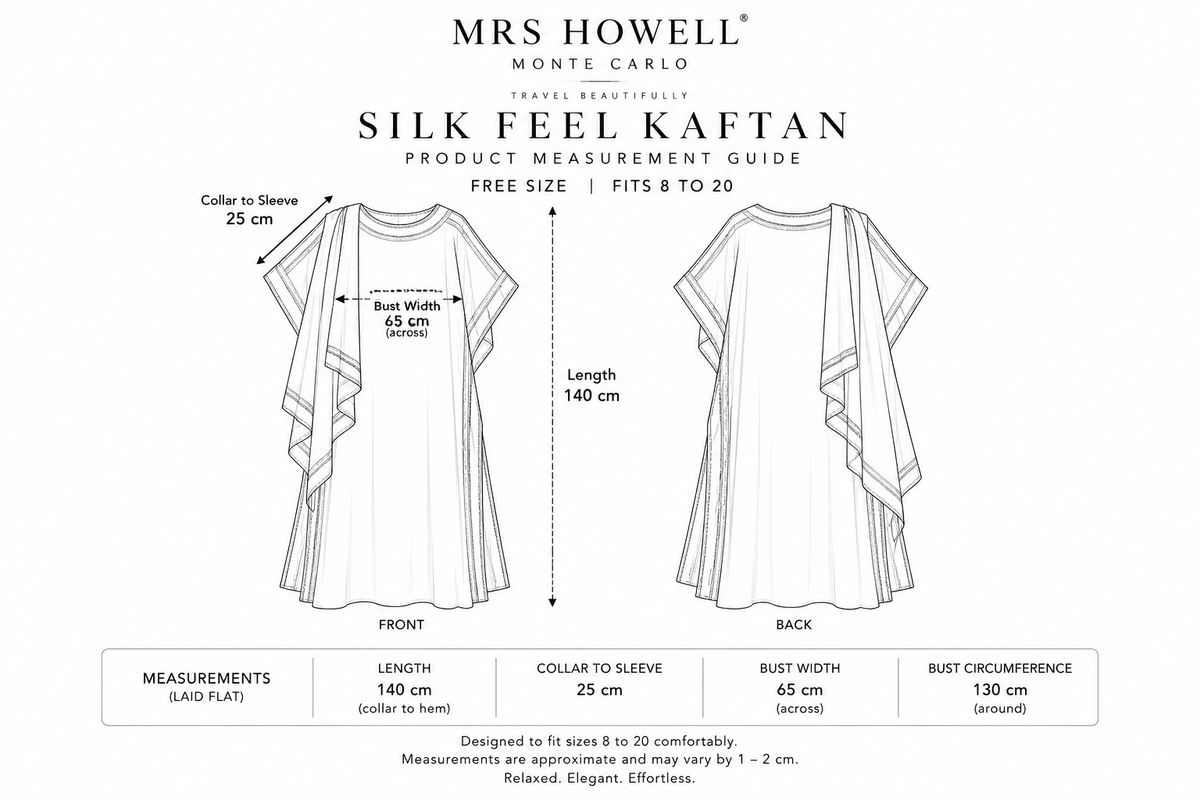Mrs Howell Monte Carlo Silk Feel Kaftan Size Guide