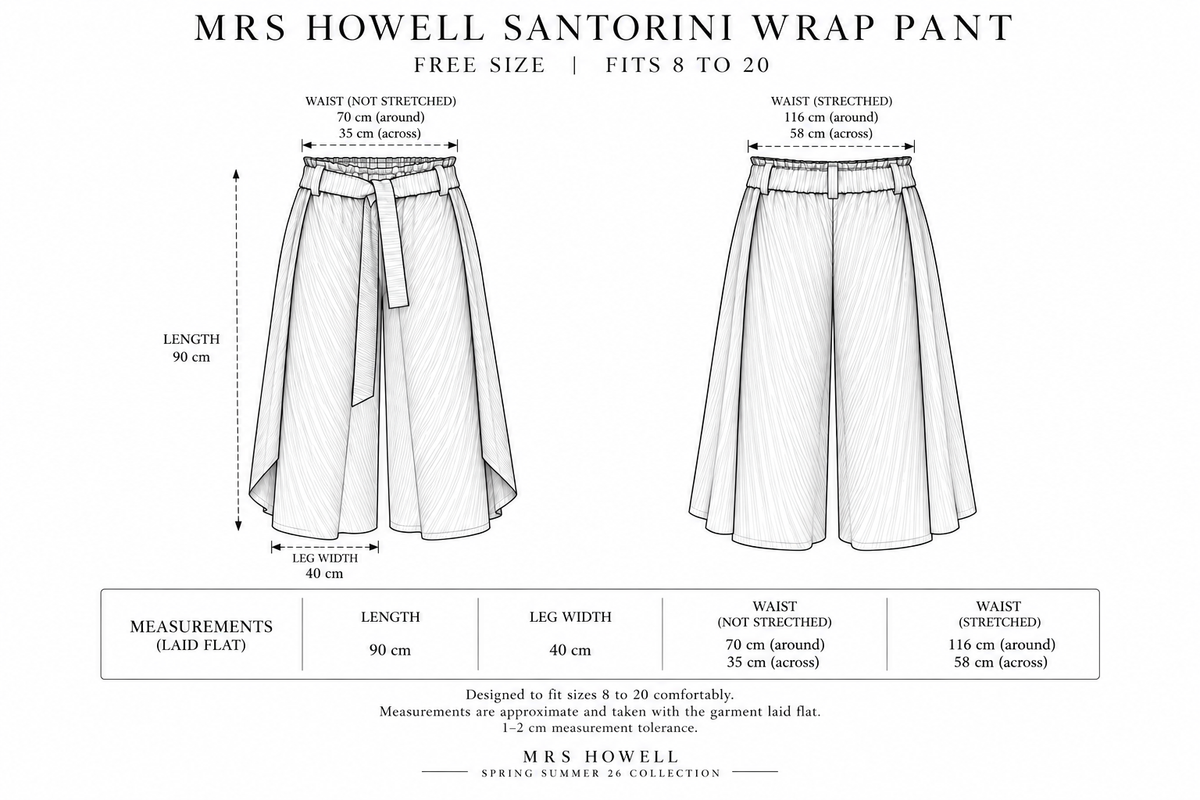 Mrs Howell Santorini Wrap Pant Size Guide