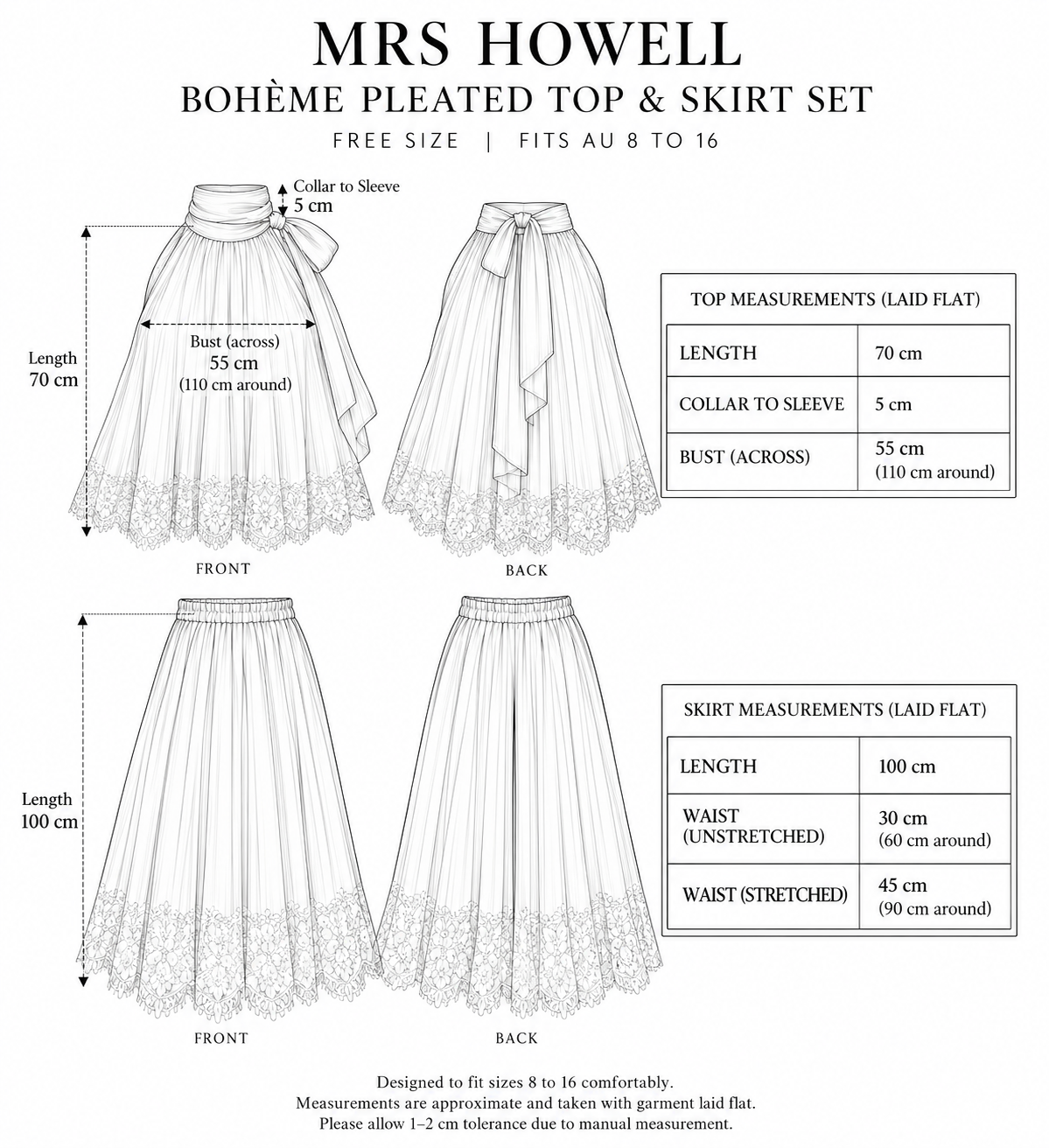 Mrs Howell Ellan Pleated Top & Skirt Set Size Guide