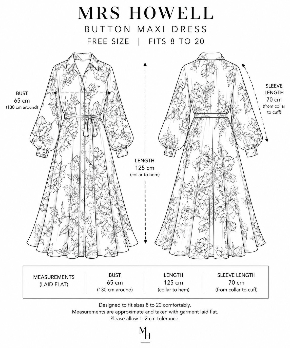 Mrs Howell Giardino Button Maxi Dress Size Guide