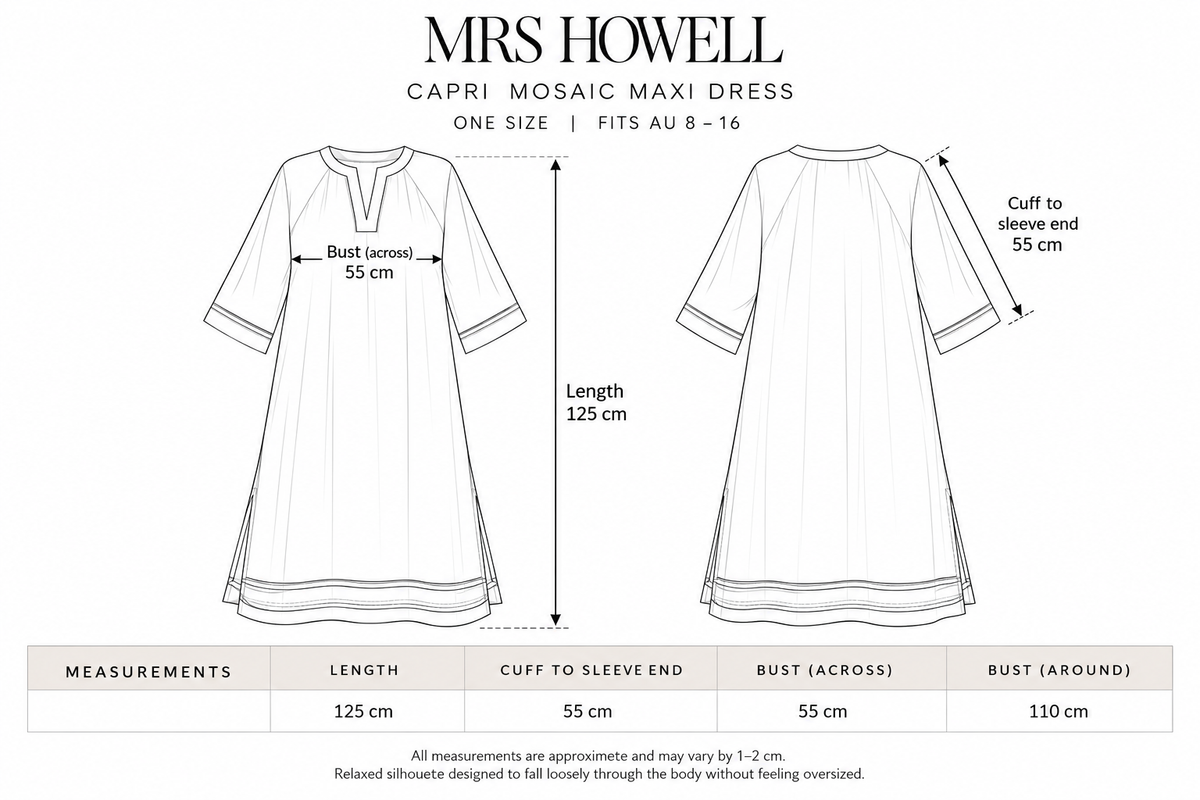 Mrs Howell Capri Mosaic Maxi Dress Size Guide