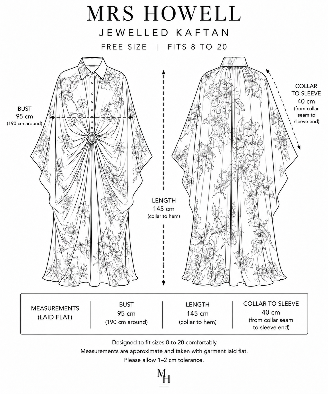 Mrs Howell Giardino Kaftan Size Guide