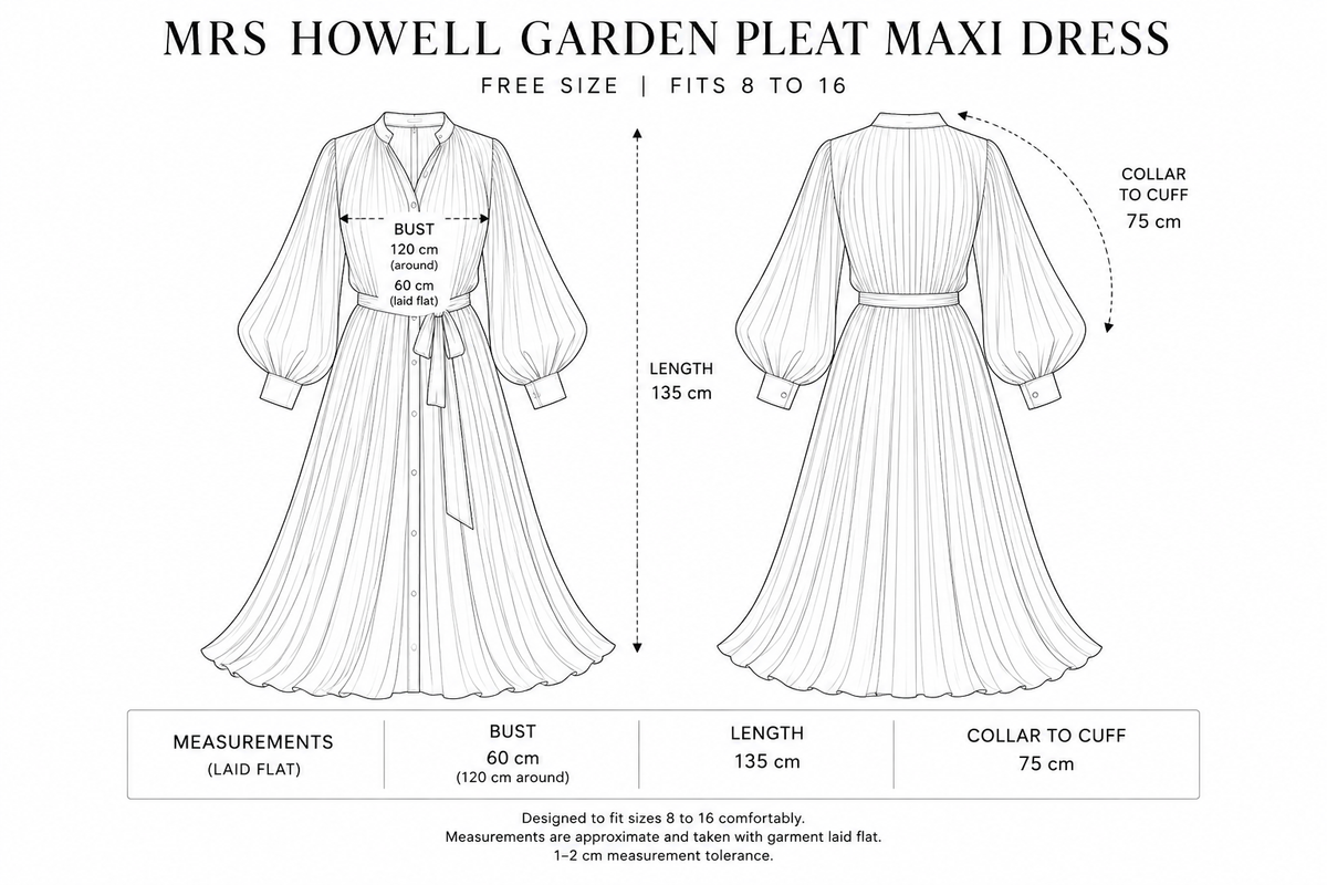 Mrs Howell Garden Pleat Maxi Dress Size Guide