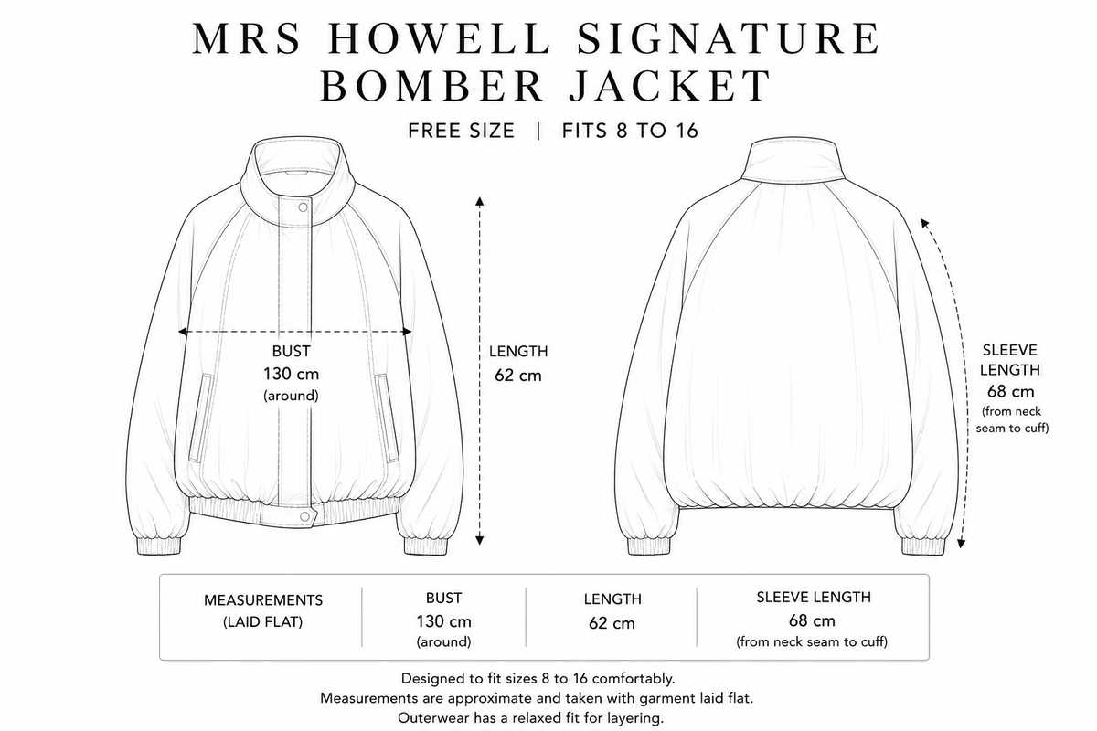 Mrs Howell Signature Bomber Jacket Size Guide